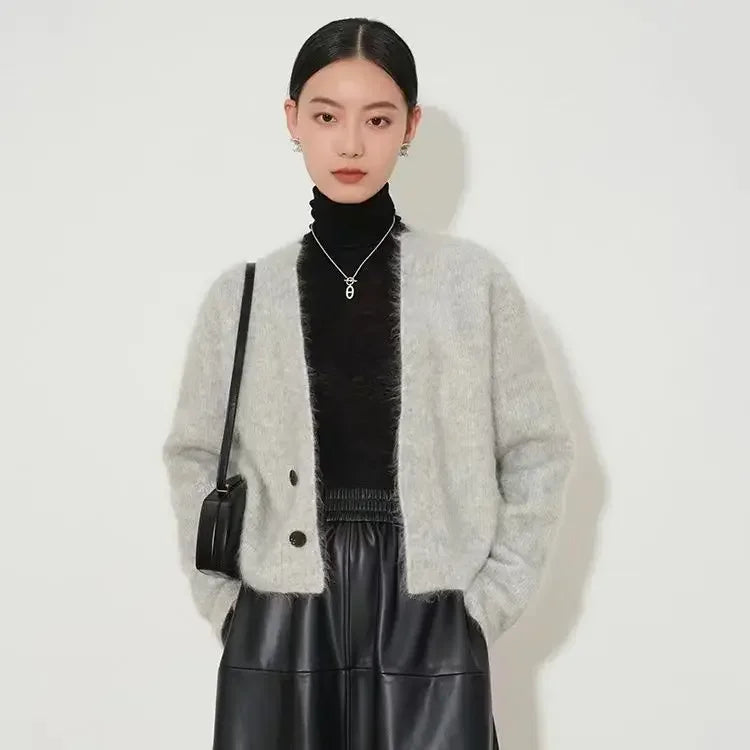 Grey Ladies Sweaters Winter Button V-neck Brown Knitted Top for Women Cardigan Crop Short Autumn 2025 Sale Economics Long Sleeve