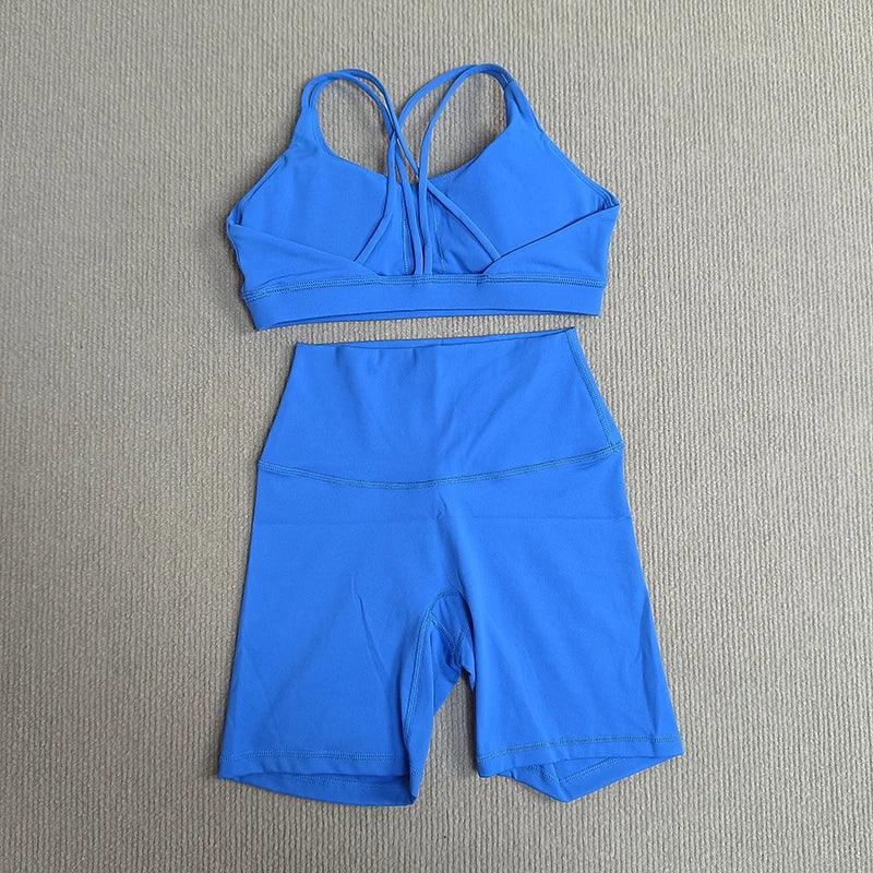 Yoga Shorts Set Gym Sports Set Women Fitness Suit Clothes 2 Piece Cross Back Bra Top High Waist Shorts Running Workout Tracksuit