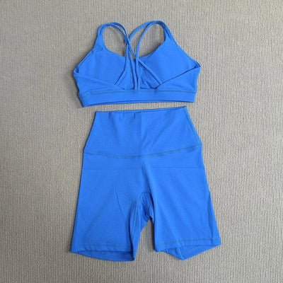 Yoga Shorts Set Gym Sports Set Women Fitness Suit Clothes 2 Piece Cross Back Bra Top High Waist Shorts Running Workout Tracksuit