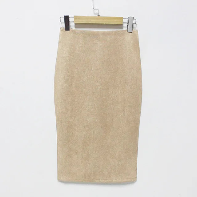Women's suede solid color pencil skirt, spring and summer high waisted tight fitting retro suede split thick elastic skirt