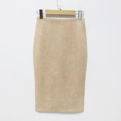 Women's suede solid color pencil skirt, spring and summer high waisted tight fitting retro suede split thick elastic skirt