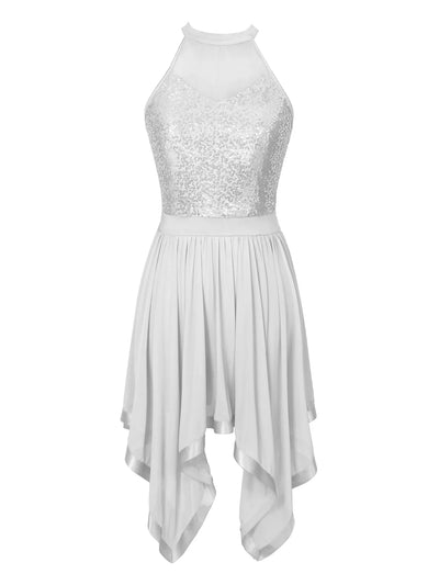 Elegant Ballet Leotards Dance Dress For Women Shiny Sequins Asymmetrical Hem Mesh Lyrical Dresses Prom Performance Costume