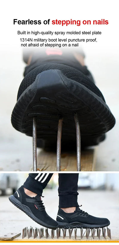 Braided safety shoes for men with steel toe protection, bump-proof, breathable, comfortable, lightweight, durable and safe.