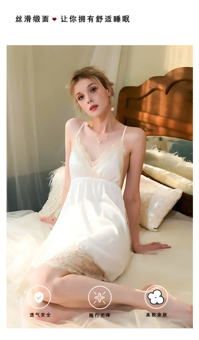 Comfortable and soft women's home wear, backless pajamas, halter dresses, lace nightgowns, French elegance