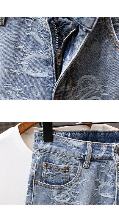 2024 New Men's Denim Shorts Fashion Printed Designer Jeans Personality High Street Straight Male Clothes Short Pants