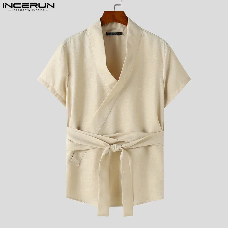 INCERUN Tops 2024 American Style New Men Diagonal Placket Texture Belt T-shirts Summer Casual Solid Short Sleeved Camiseta S-5XL