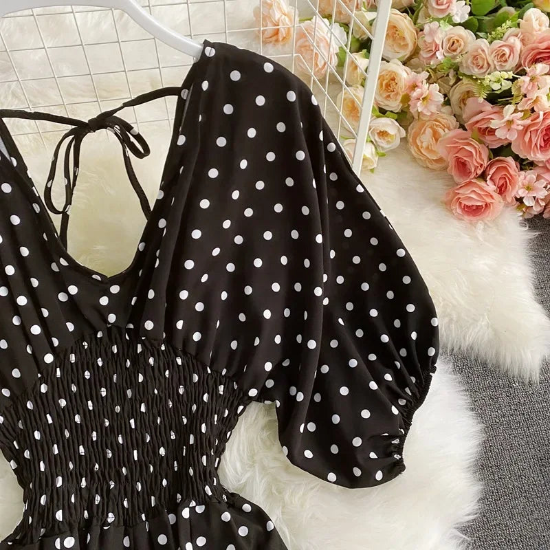 V Neck Sexy Dolman Sleeves Waist Slim Polka Dot Print Jumpsuit Women Wide Leg Trousers Jumpsuit