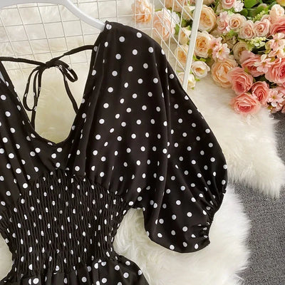V Neck Sexy Dolman Sleeves Waist Slim Polka Dot Print Jumpsuit Women Wide Leg Trousers Jumpsuit