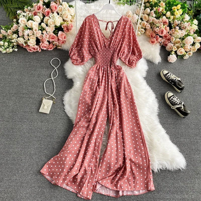 V Neck Sexy Dolman Sleeves Waist Slim Polka Dot Print Jumpsuit Women Wide Leg Trousers Jumpsuit