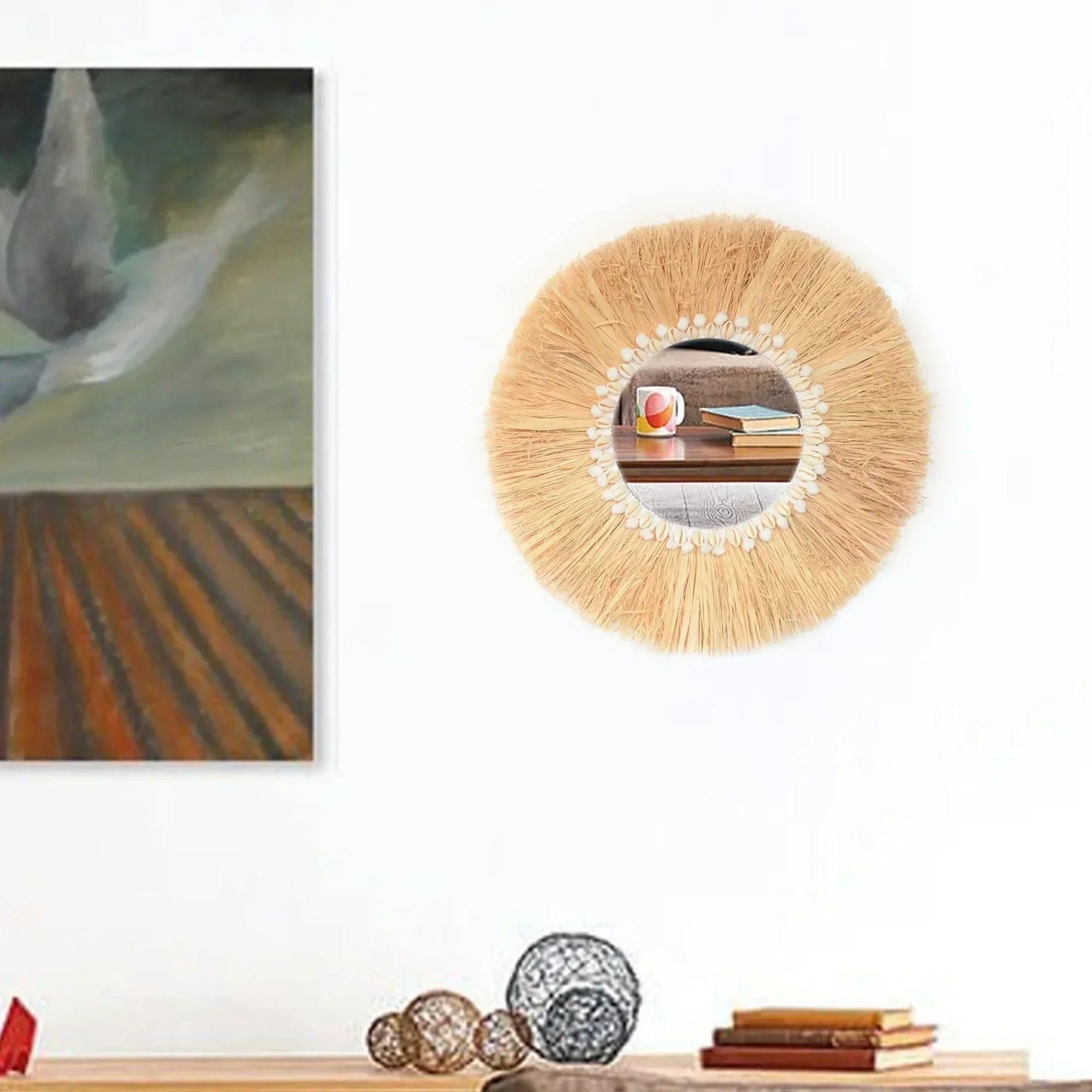 Boho home furnishing forest raffia decorative wall mirrors woven shell small yarn balltapestry living room decor mirror