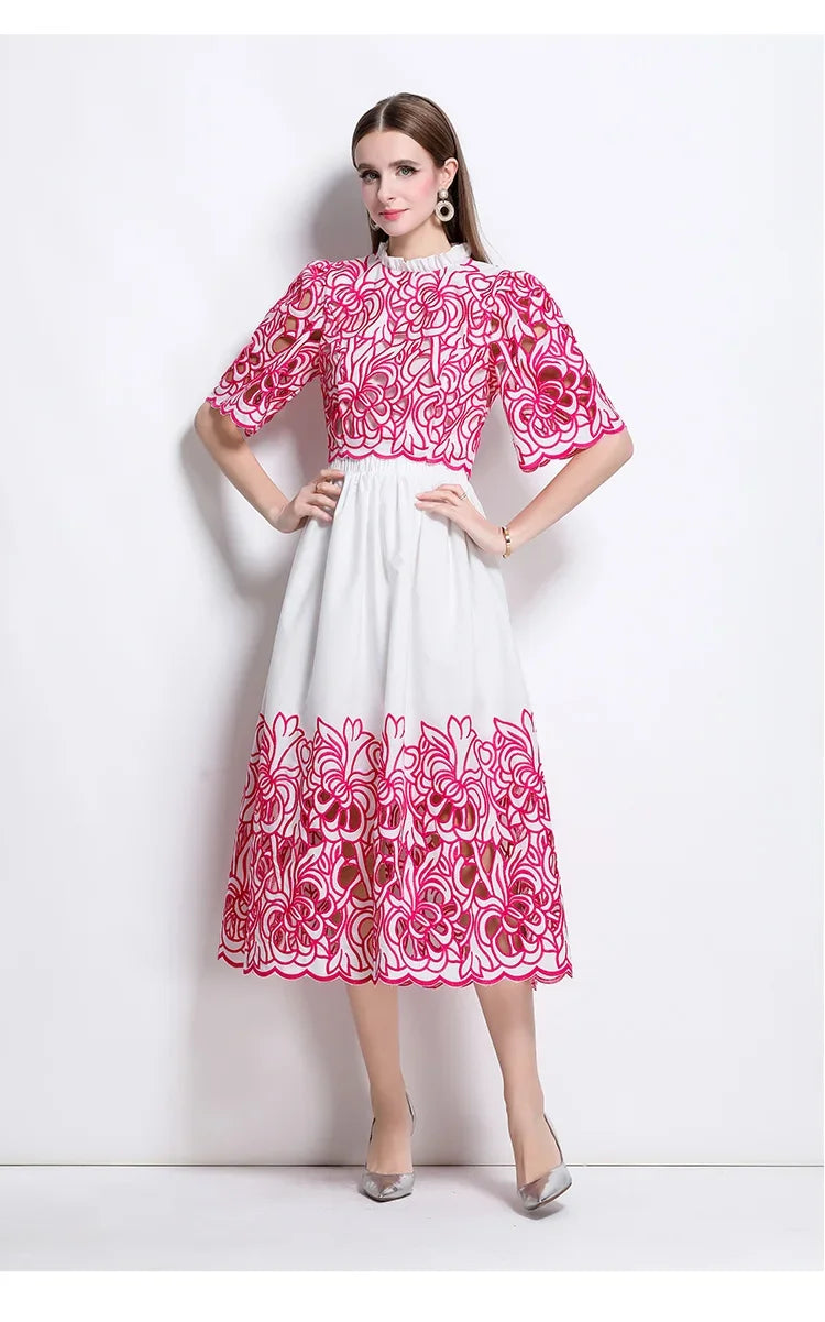 Summer Short Sleeve A-LINE Set Skirt for Women Fashion Ruffled Collar Embroidery Set Skirt Women Vestidos De Verano Mujer Q344