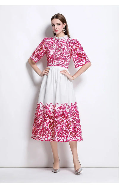 Summer Short Sleeve A-LINE Set Skirt for Women Fashion Ruffled Collar Embroidery Set Skirt Women Vestidos De Verano Mujer Q344