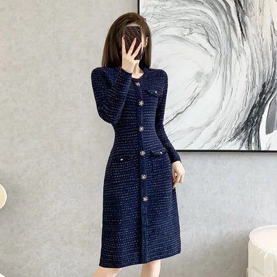 New Autumn Winter Women Knitted Dress Brand Fashion Royal Blue Bodycon Sweater Dress Lady Office Midi Dress