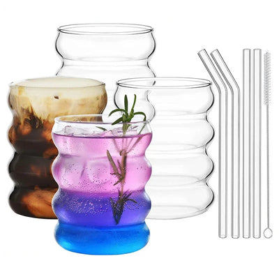 4pcs Creative Glass Cups Coffee Mug Clear Drinking Glasses Ribbed Glassware Cups With Straws Set Cocktail Fruit Glass Drinkware