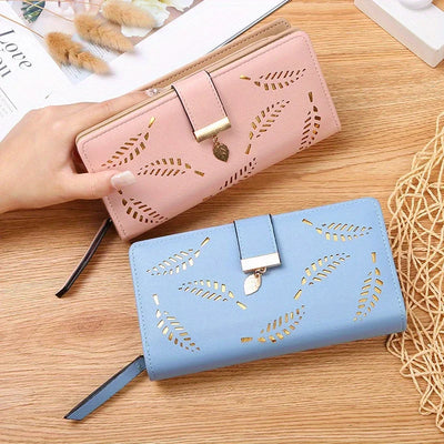 Elegant Women's Wallet With Hollowed-Out Leaf Design, Bifold Long Zippered Clutch, PU Leather Mobile Phone Bag Card Coin Purse