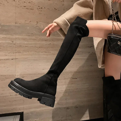 Fashion Platform Knee High Boots for Women Autumn Winter Fashion Slip on Leather Boots Woman Elastic Thick Soled Over Knee Botas