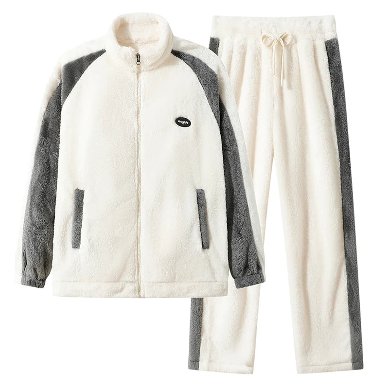 Men's Pajamas made of coral fleece, Plus Size 8XL, spliced, square collar, long sleeves, long pants, warm Sleepwear Set