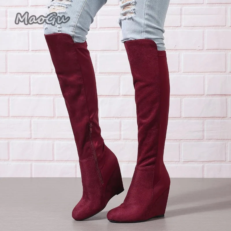 Women Autumn Winter Knee High Boots Wedge Boots for Women Plus Size Suede Elastic Women's Long Botas Feminino Botas Para Mujer