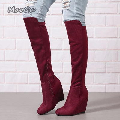 Women Autumn Winter Knee High Boots Wedge Boots for Women Plus Size Suede Elastic Women's Long Botas Feminino Botas Para Mujer