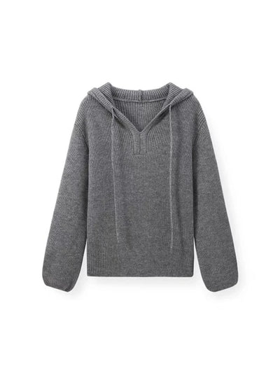 Hooded Sweater Women's Sweater 2025 Autumn and Winter New Fashion V-neck Loose Casual Solid Color Long-sleeved Knitted Top