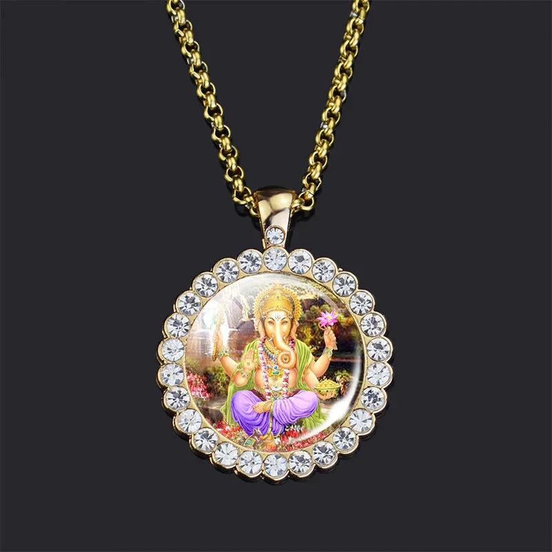 Shiva Parvati Necklace Hindu God Jewelry Vishnu Lakshmi Glass Rhinestone Pendant Chain Necklace Hinduism Jewelry