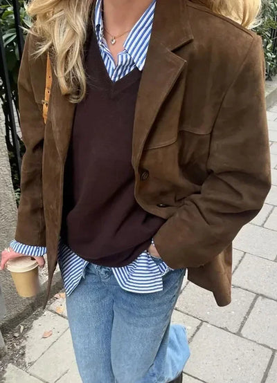 2024 Women's Autumn Coats Vintage Brown Suede Leather Women's Blazer Jacket Fashion Lapel Single Breasted Pocket Short Jacket - Elanique