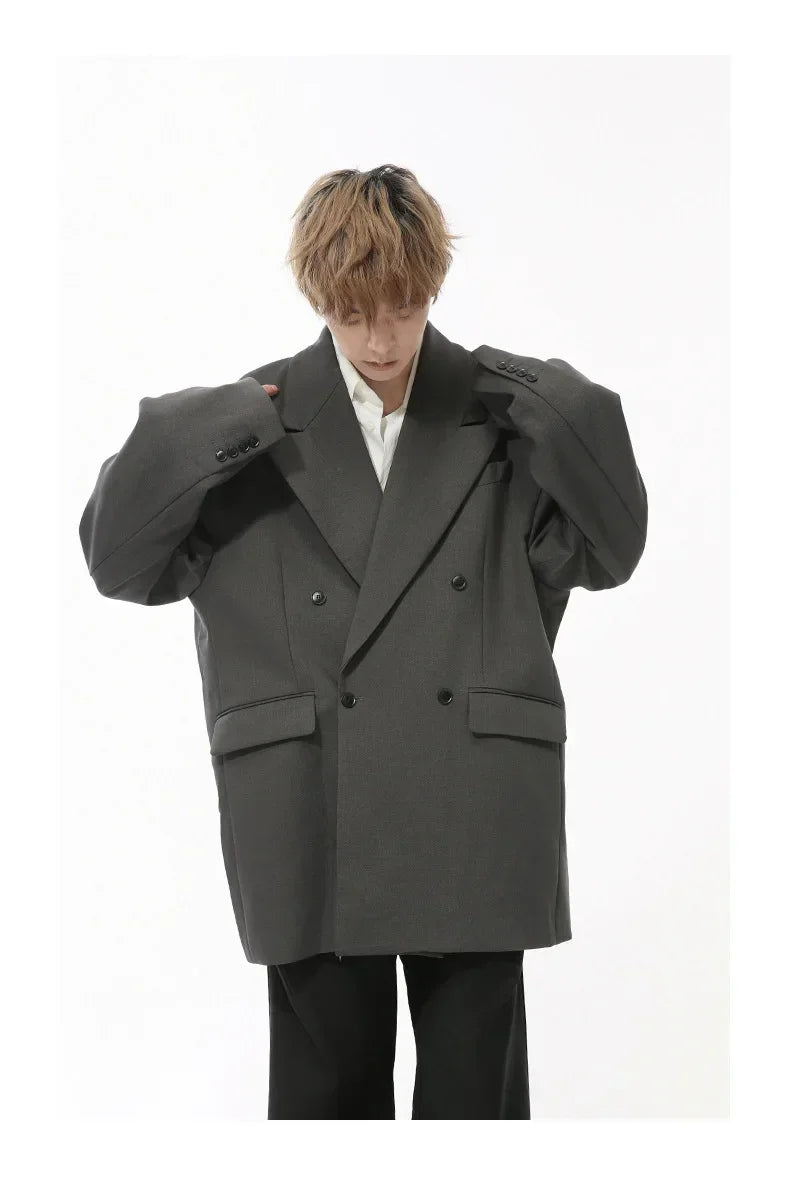 IEFB Korean Style Men's Blazers Double Breasted Shoulder Padded Tops Turn-down Collar Solid Color Loose Male Suit Jackets 9C8669