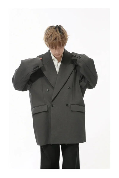 IEFB Korean Style Men's Blazers Double Breasted Shoulder Padded Tops Turn-down Collar Solid Color Loose Male Suit Jackets 9C8669