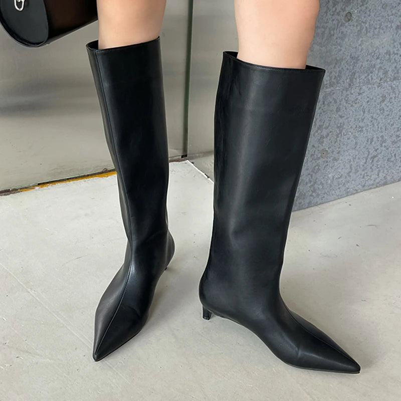 Fashion Women Knee High Boots Slip On Shoes Low Heels Pointe Toe Ladies Shoes Female Footwear Western Modern Long Boots