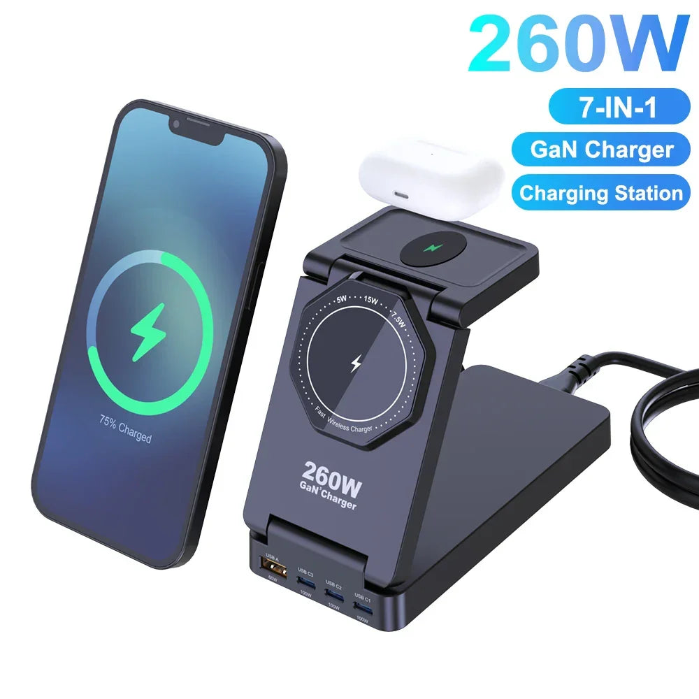 260W Magnetic Wireless Charging Station GaN USB TypeC Charger PPS PD Fast Charge For iPhone 16 15 IWatch AirPods Foldable Holder