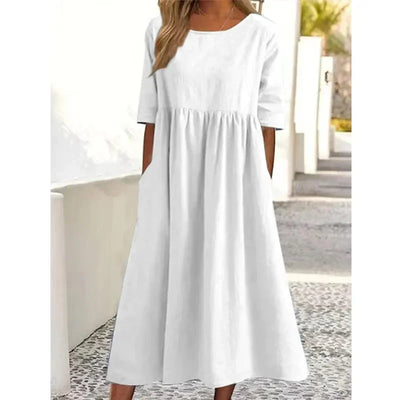 2025 Summer Cotton and Linen Dress Casual Short Sleeve Loose O-Neck Women's Dress with Pockets Simple Solid Midi Dresses 6661#