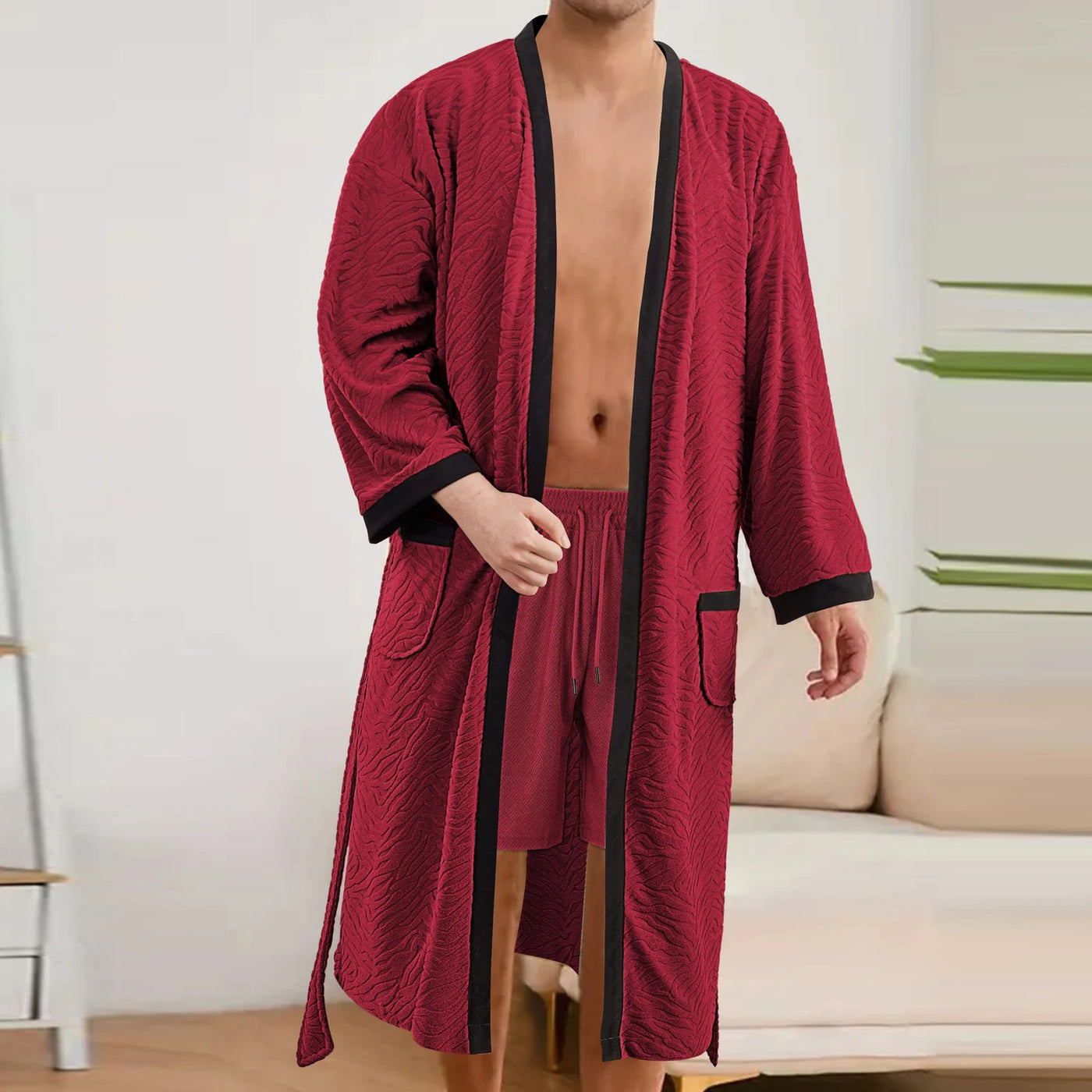 Men's Long Jacquard Soft Belted Bathrobe