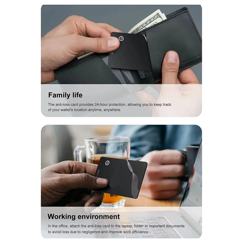 Black RFID-blocking anti-theft card wallet with metallic accents and AirTag GPS tracker for Find My app