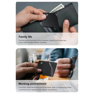 Black RFID-blocking anti-theft card wallet with metallic accents and AirTag GPS tracker for Find My app