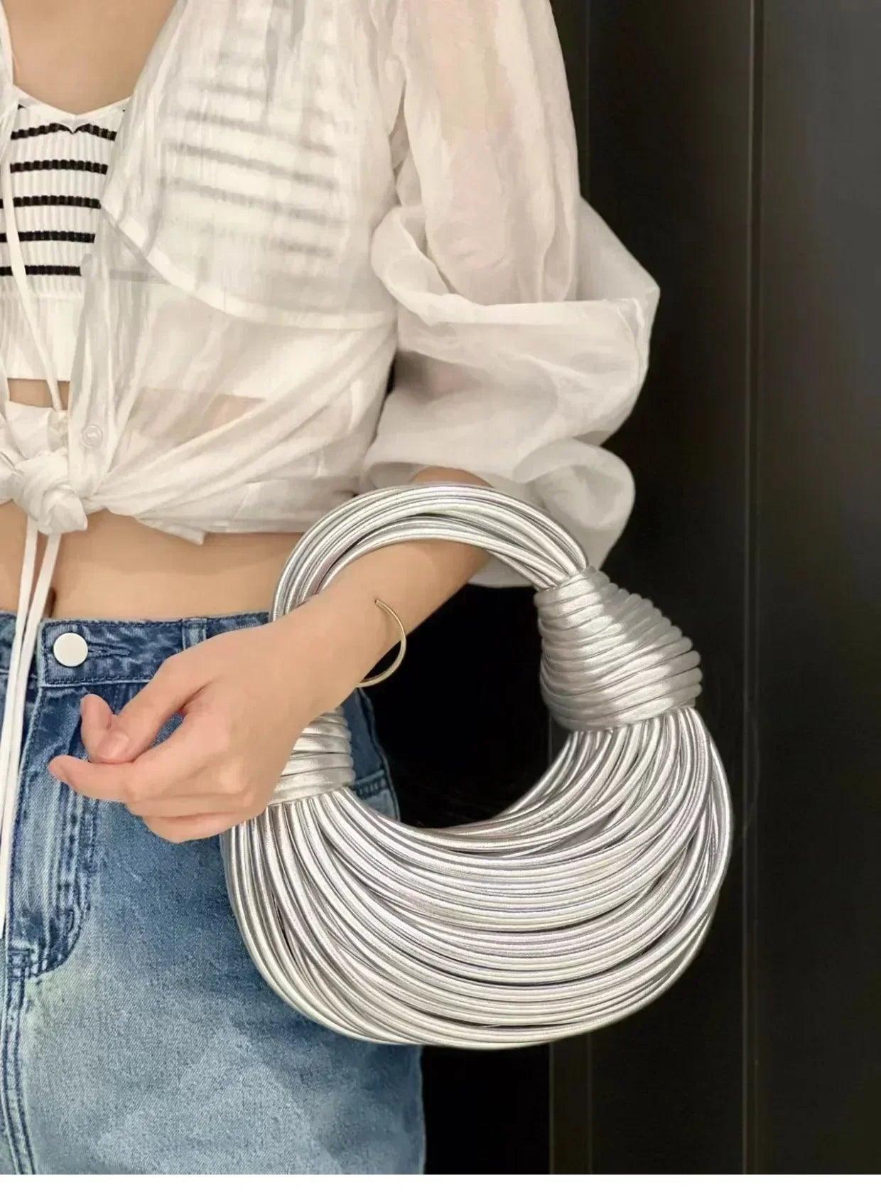 Handbags for women 2025 new in gold luxury designer brand handwoven noodle bags rope knotted pulled hobo silver evening