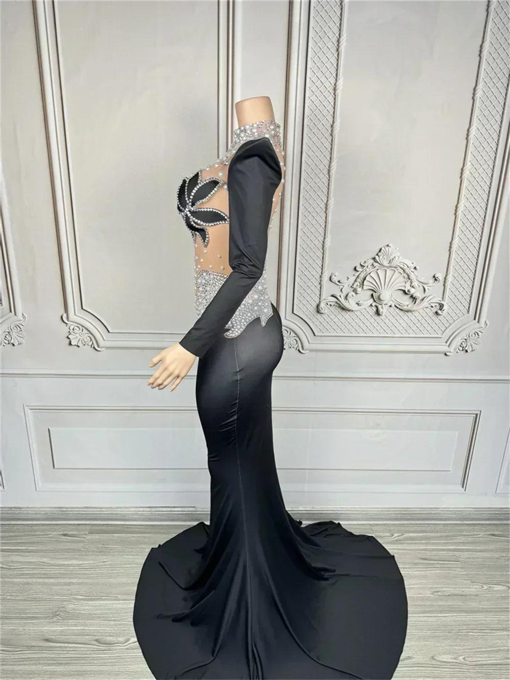 Women luxury evening party elegant gowns sing stage performance costume white pearls see through mesh maxi long dresses