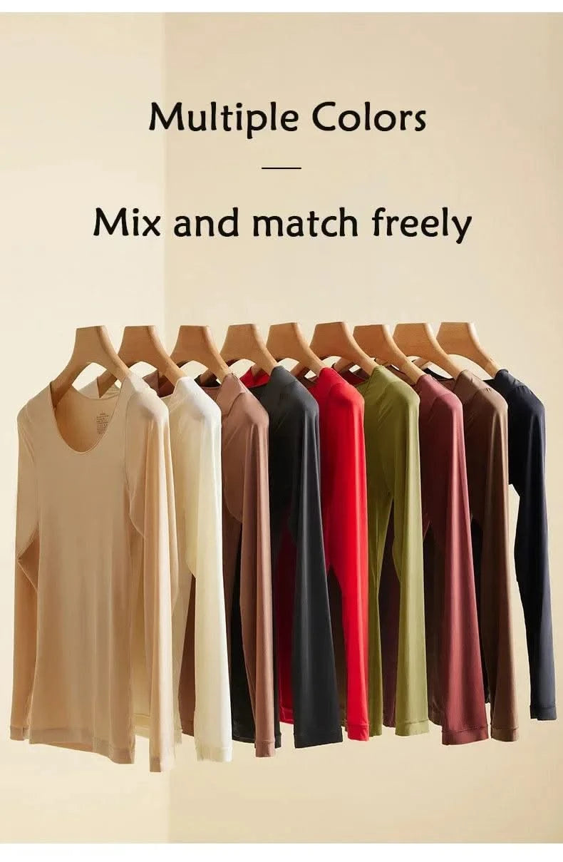 Women Thermal Underwear Long Sleeves Bottoming Shirt Pullover Elastic Casual Solid Top