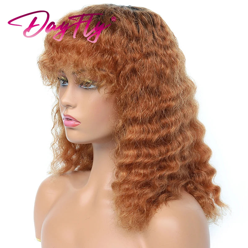 Short Curly Human Hair Wig Brazilian Hair Deep Wave Wig With Bangs Natural Human Hair Machine Made Wig For Women
