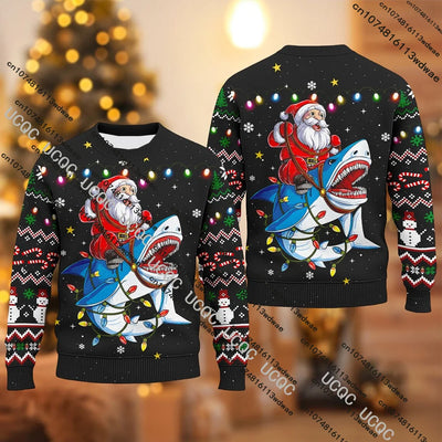 Ugly Christmas Sweatshirt Shark 3D Pattern Funny Xmas Women Round Neck Pullover Christmas Couple Novelty Holiday Party Gift