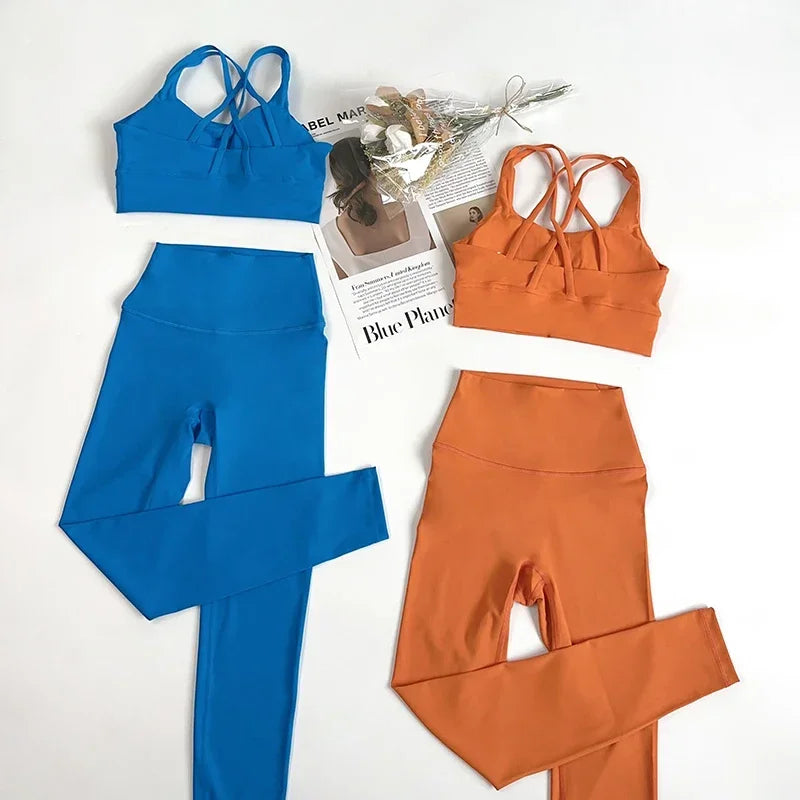 2 Pieces Yoga Set Women Gym Set Workout Clothes Sports Suits High Waist Leggings Cross Straps Fitness Bra Running Tracksuit👚👍️
