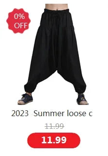 Wide leg Pants Men Streetwear Baggy Loose Pants M-8XL Plus size Ankle length Trousers cotton linen pants Black white khaki