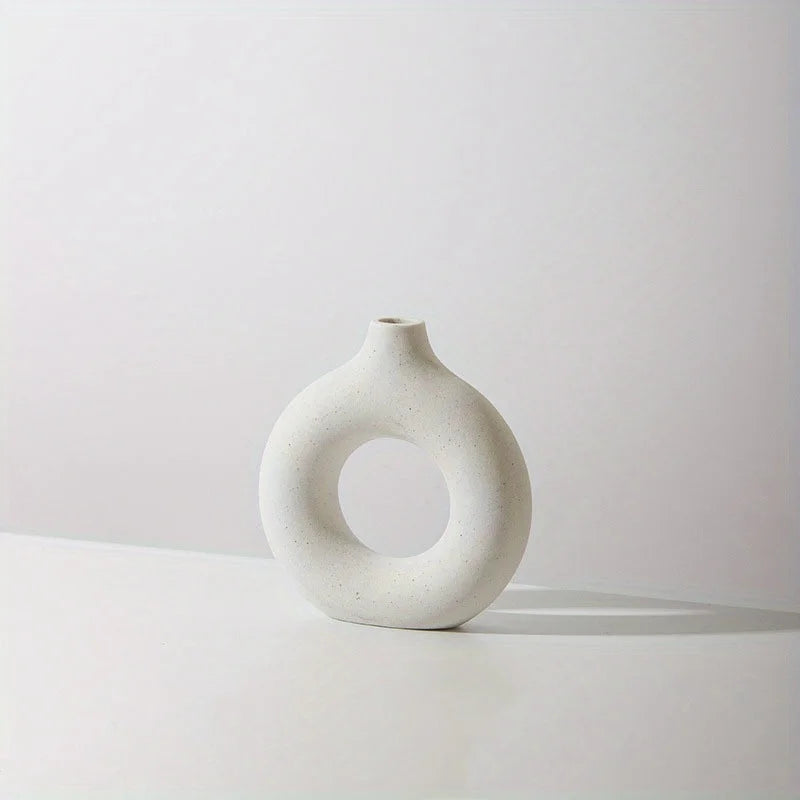 1pc, White/Beige Ceramic Vase  Vases For Decor, Modern Home Decor Vase, Boho Vases For Decor, Circle Vase, Round Vase, Donut Vas