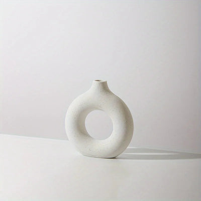 1pc, White/Beige Ceramic Vase  Vases For Decor, Modern Home Decor Vase, Boho Vases For Decor, Circle Vase, Round Vase, Donut Vas