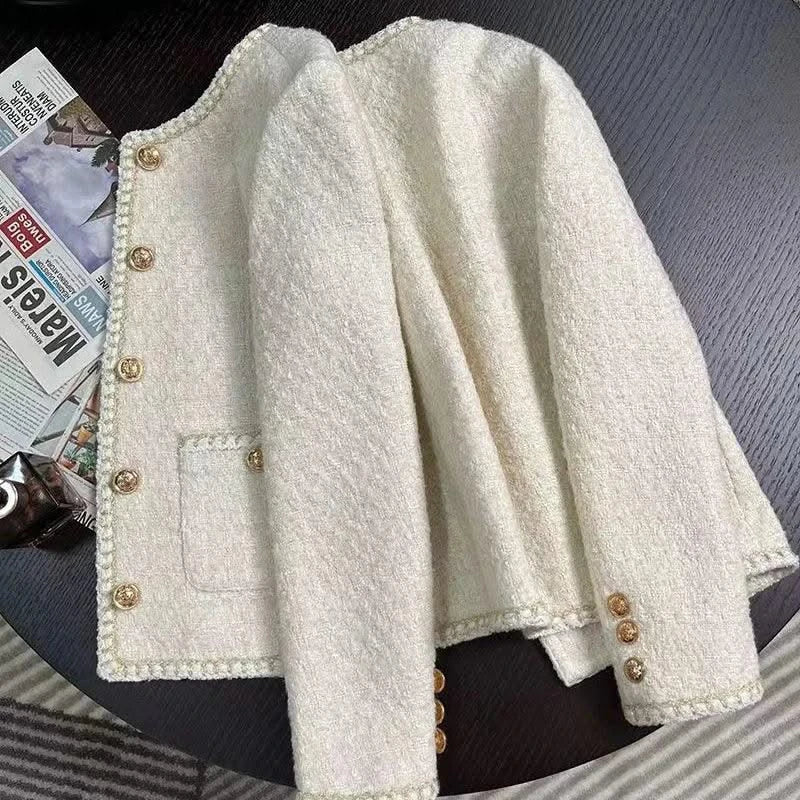 Women Vintage Jacket Autumn Winter Coat Off White Crop French Tweed