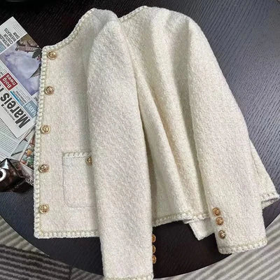 Women Vintage Jacket Autumn Winter Coat Off White Crop French Tweed