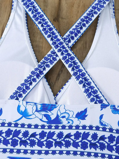 Summer Two Pieces Swimsuit 2024 Vintage Floral Print Swimwear Female Tankini Sets Deep V Beach Wear Women Swimming Bathing Suit