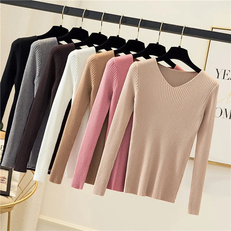 Autumn Women Sweaters Casual Long Sleeve Knitted V Neck Pullover Sweater Winter Femme Solid Jersey Tops Fashion Clothes