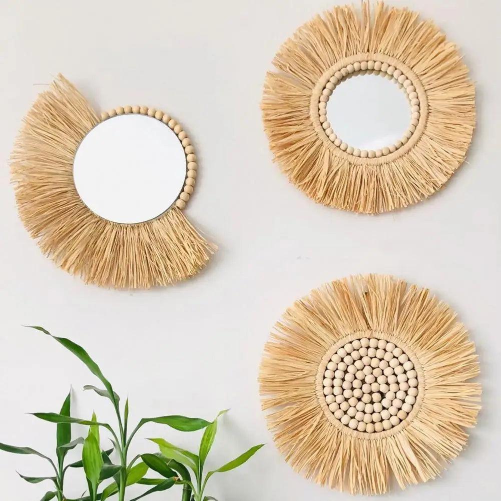 Home decor hanging mirror raffia wood beads acrylic multifunct decorative decorations bedroom wall room