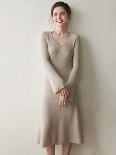 Women's Cashmere Sweater Dress Autumn Winter U-neck Striped Pullover 100% Cashmere Knitwear Slim Solid Flare Sleeve A-Line Skirt