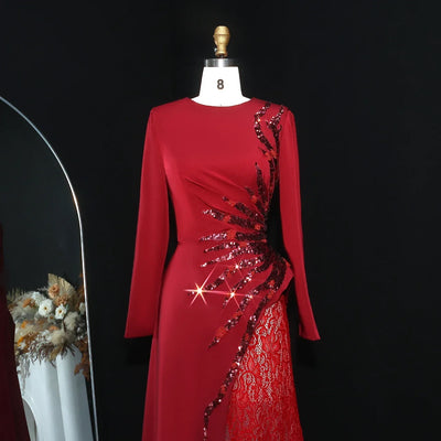 Sharon Said Wine Red Sequined Lace Evening Dresses with Full Sleeves for Women Wedding Party Gown SF266 Customized فساتين سهرة
